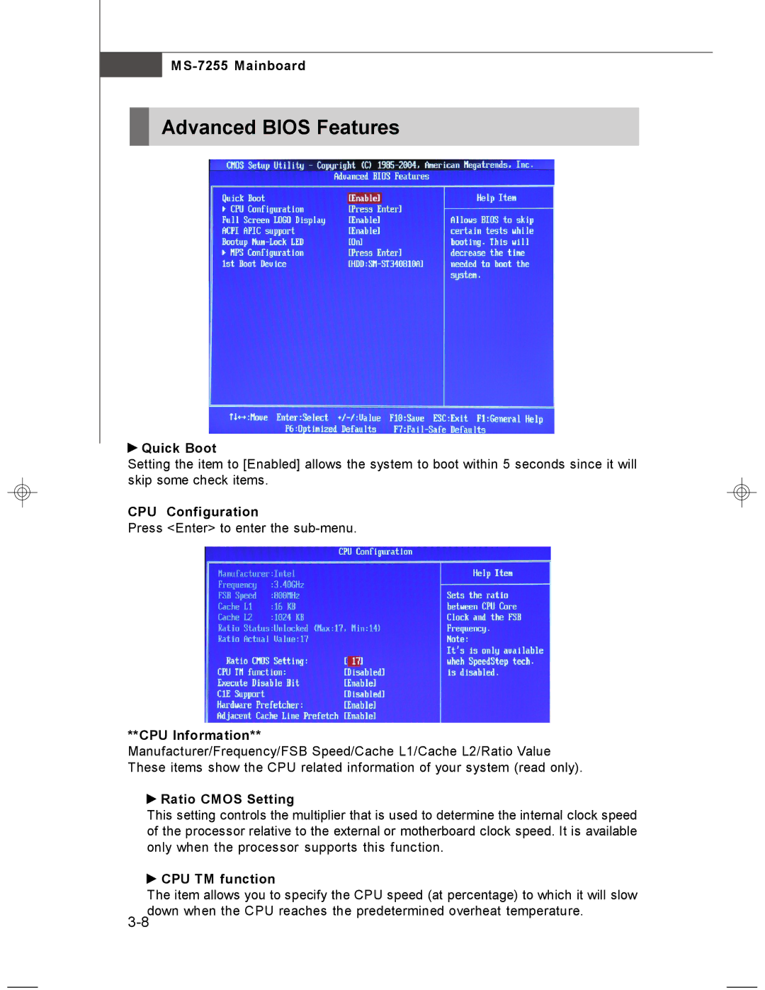 MSI MS-7255 manual Advanced Bios Features 