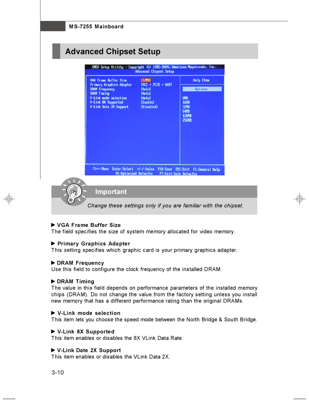 MSI MS-7255 manual Advanced Chipset Setup 