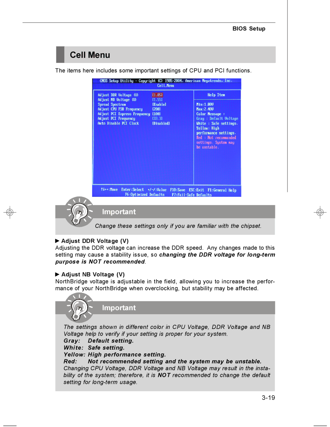 MSI MS-7255 manual Cell Menu, Adjust DDR Voltage, Adjust NB Voltage 