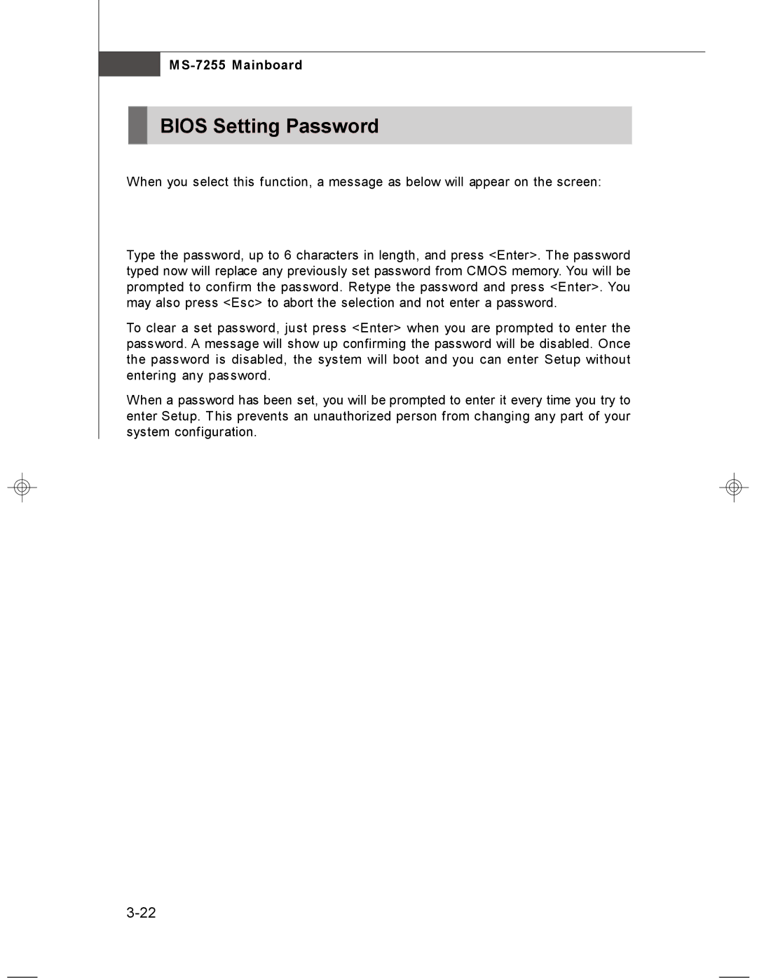 MSI manual Bios Setting Password, MS-7255 Mainboard 