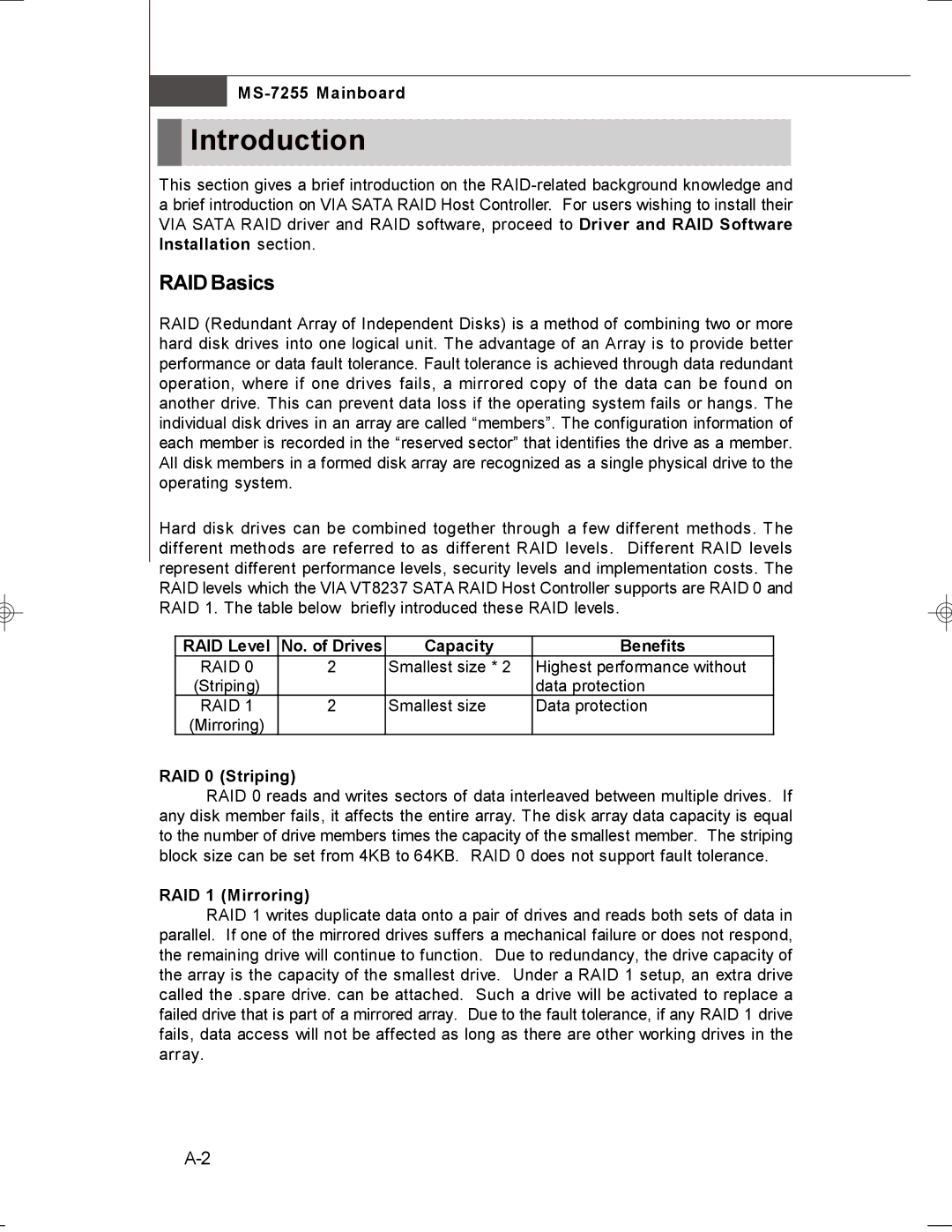 MSI MS-7255 manual RAID Basics, RAID Level, Capacity Benefits, RAID 0 Striping, RAID 1 Mirroring 