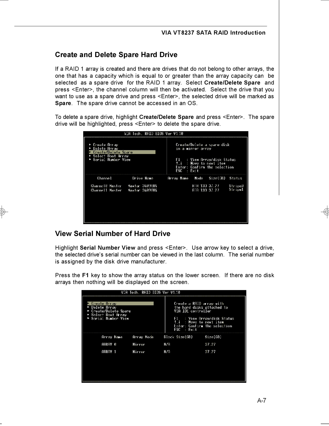 MSI MS-7255 manual Create and Delete Spare Hard Drive, View Serial Number of Hard Drive 