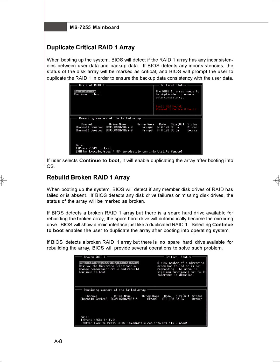 MSI MS-7255 manual Duplicate Critical RAID 1 Array, Rebuild Broken RAID 1 Array 