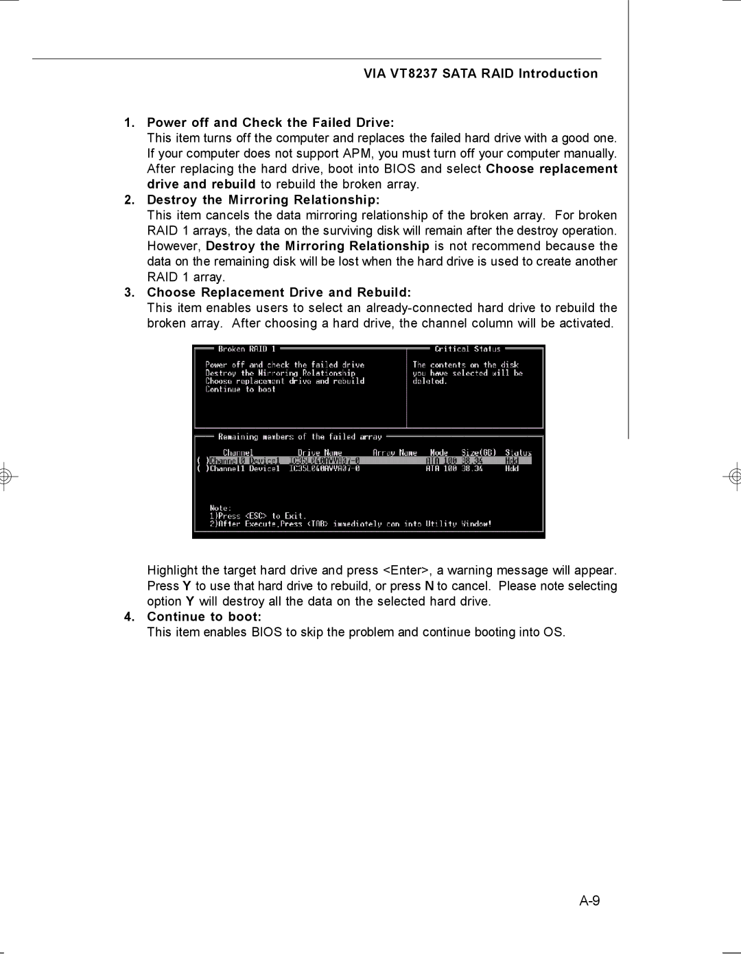 MSI MS-7255 manual Destroy the Mirroring Relationship, Choose Replacement Drive and Rebuild, Continue to boot 