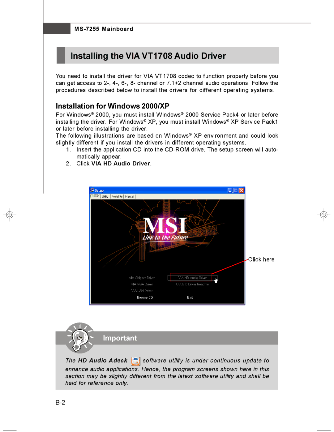 MSI MS-7255 manual Installing the VIA VT1708 Audio Driver, Installation for Windows 2000/XP, Click VIA HD Audio Driver 