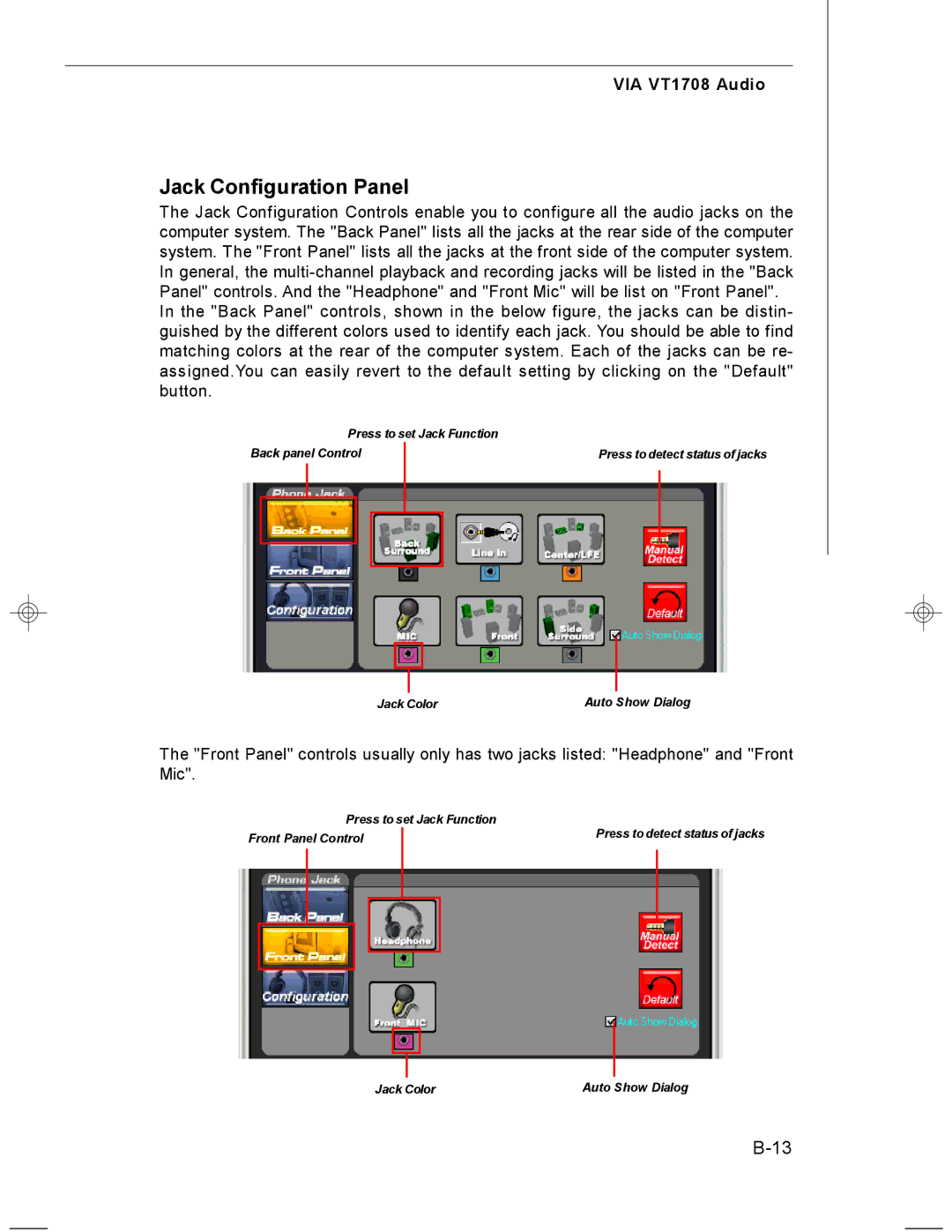 MSI MS-7255 manual Jack Configuration Panel 