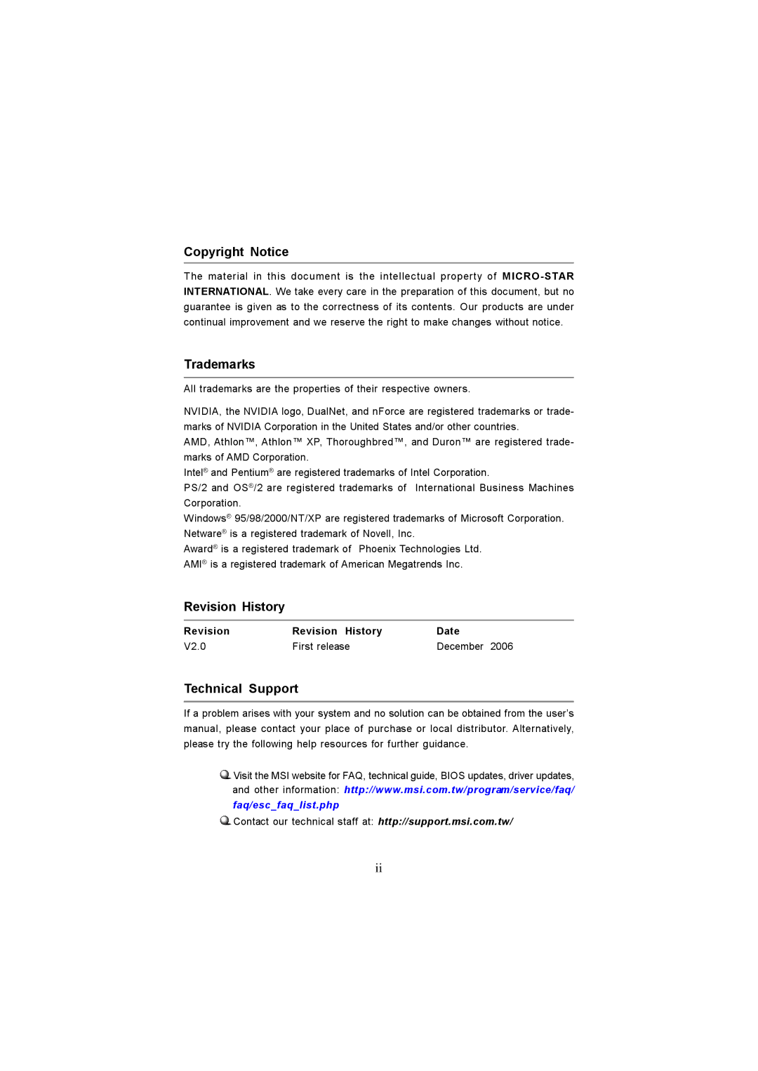 MSI MS-7255 manual Copyright Notice, Trademarks, Revision History, Technical Support 