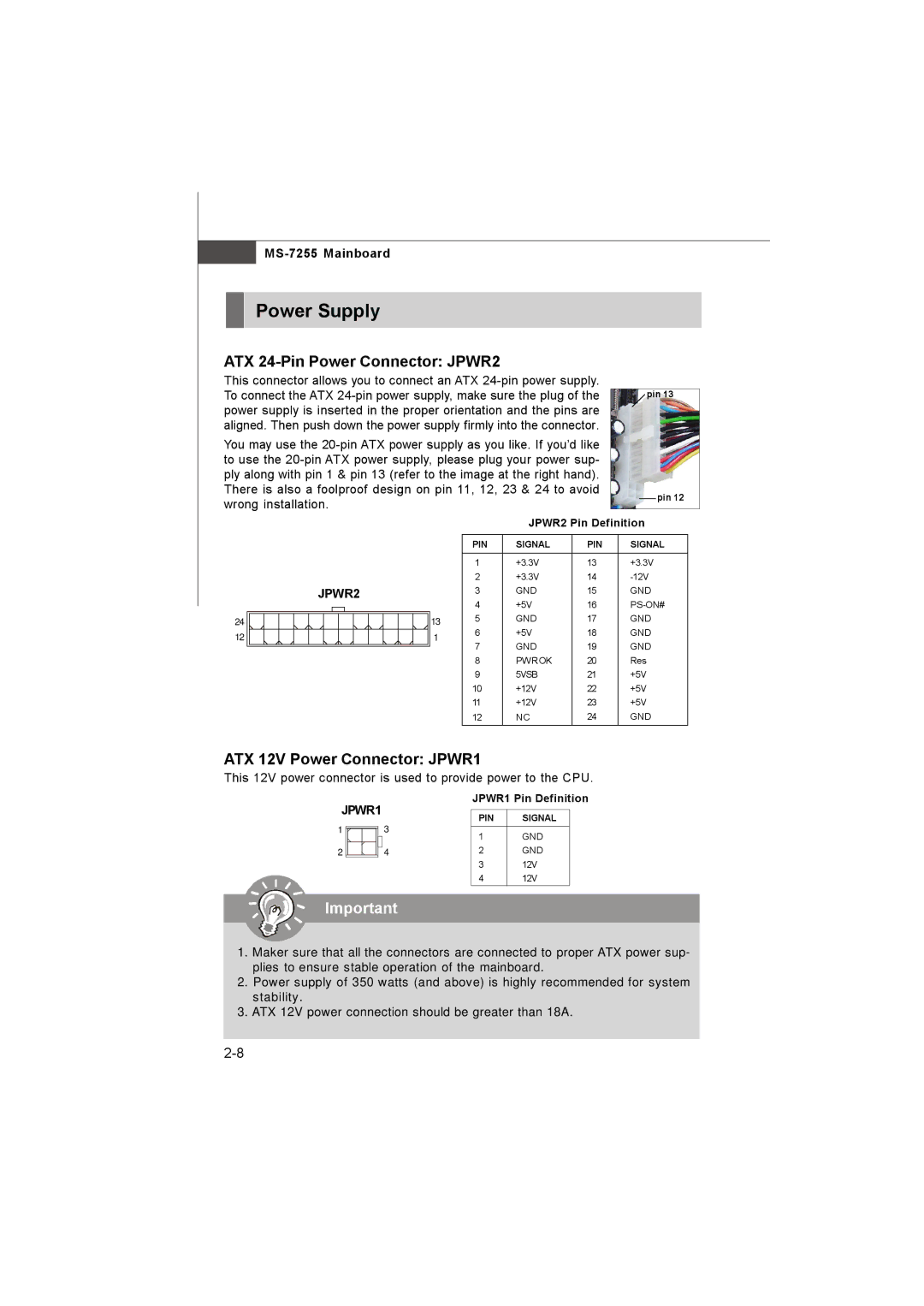 MSI MS-7255 manual Power Supply, ATX 24-Pin Power Connector JPWR2, ATX 12V Power Connector JPWR1 