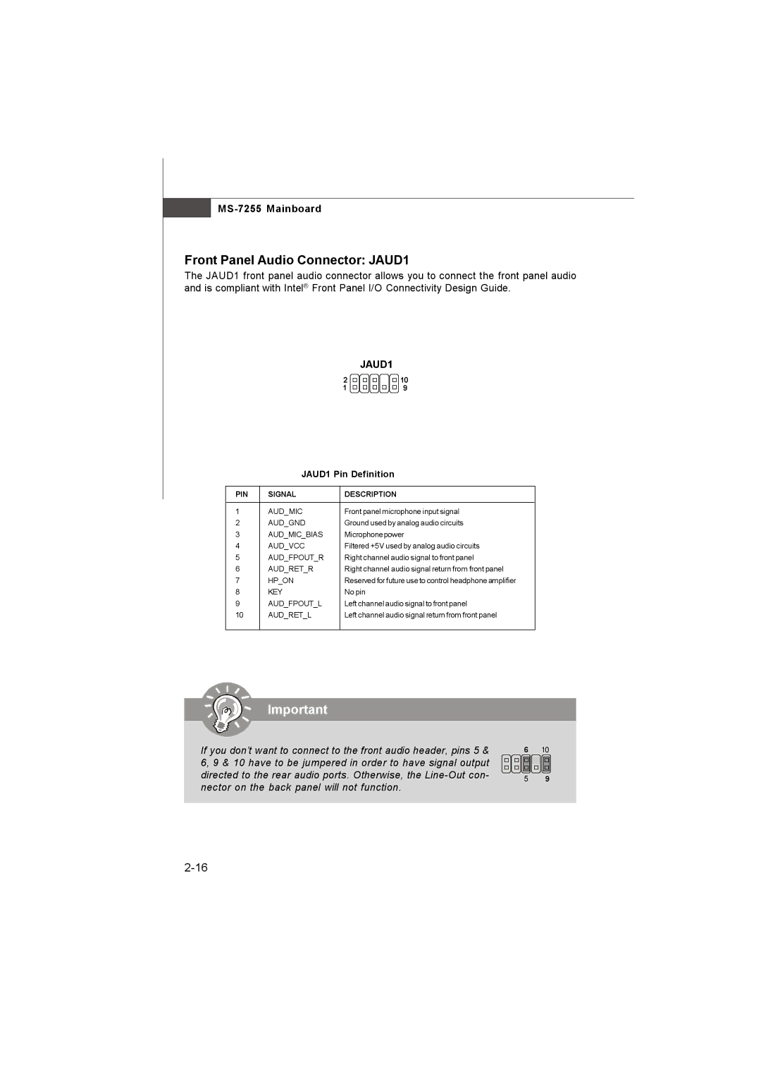 MSI MS-7255 manual Front Panel Audio Connector JAUD1 