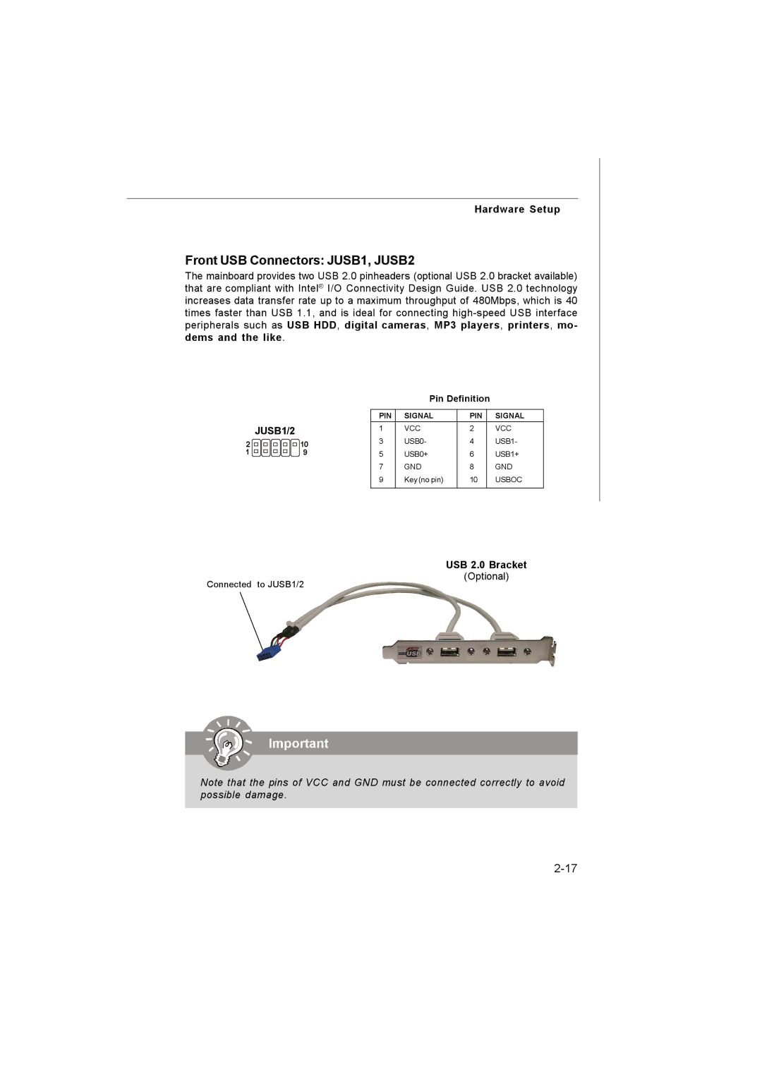 MSI MS-7255 manual Front USB Connectors JUSB1, JUSB2, JUSB1/2, USB 2.0 Bracket 