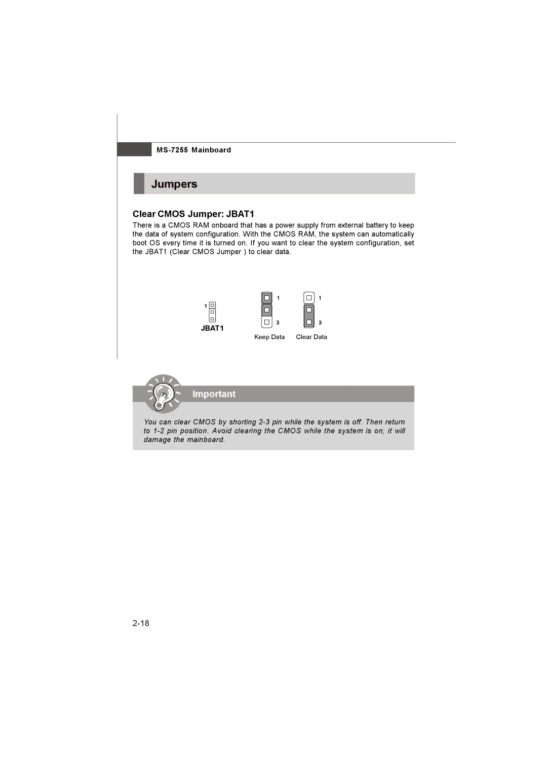 MSI MS-7255 manual Jumpers, Clear Cmos Jumper JBAT1 