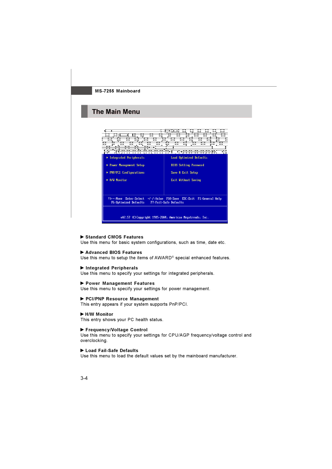 MSI MS-7255 manual Main Menu 