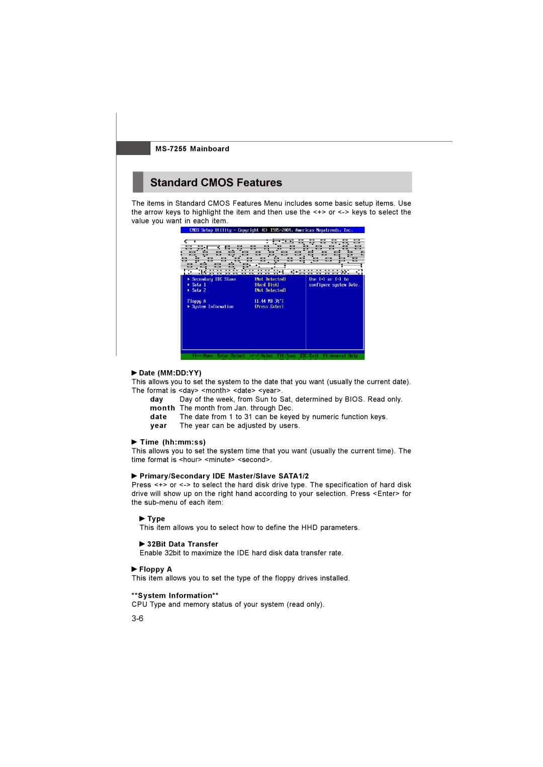 MSI MS-7255 manual Standard Cmos Features 