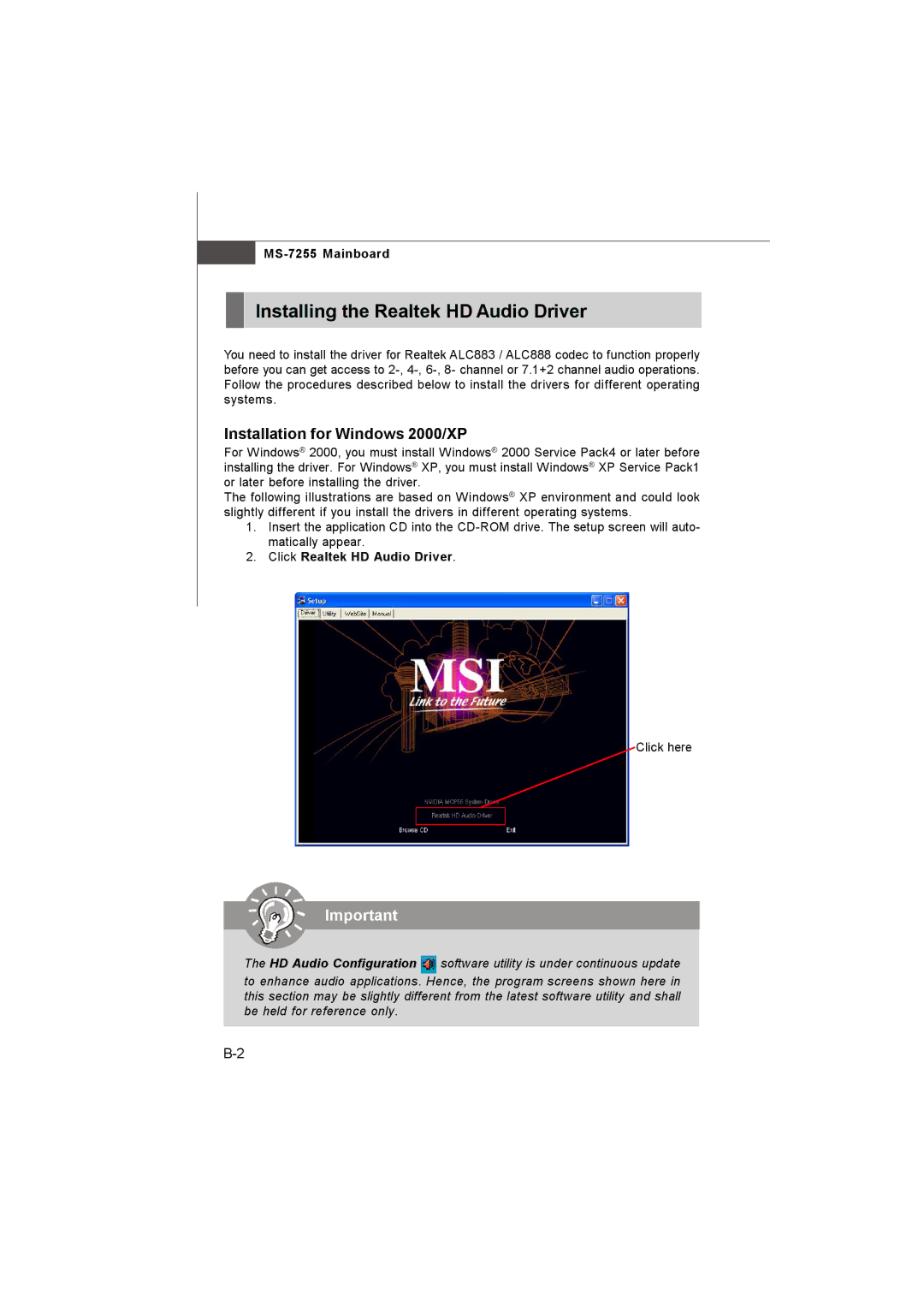 MSI MS-7255 manual Installing the Realtek HD Audio Driver, Installation for Windows 2000/XP, Click Realtek HD Audio Driver 