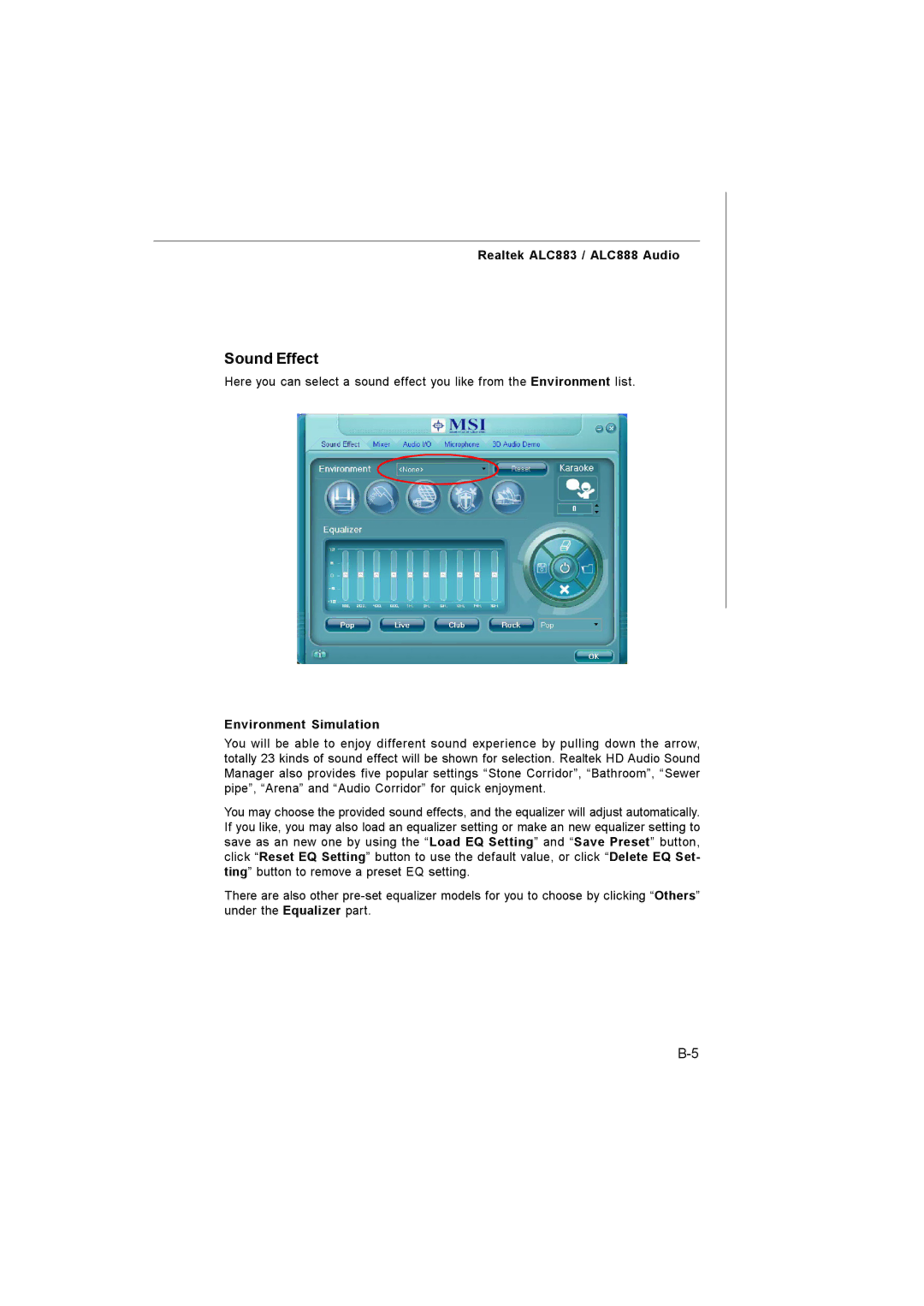 MSI MS-7255 manual Sound Effect, Environment Simulation 