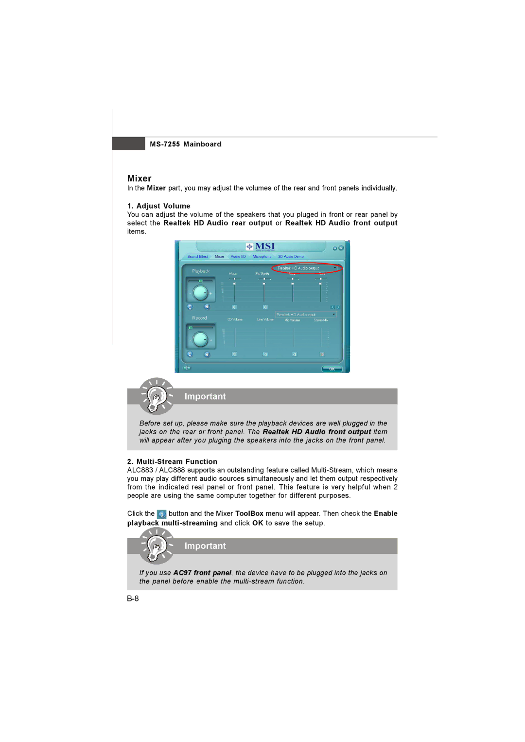 MSI MS-7255 manual Mixer, Adjust Volume, Multi-Stream Function, Playback multi-streaming and click OK to save the setup 