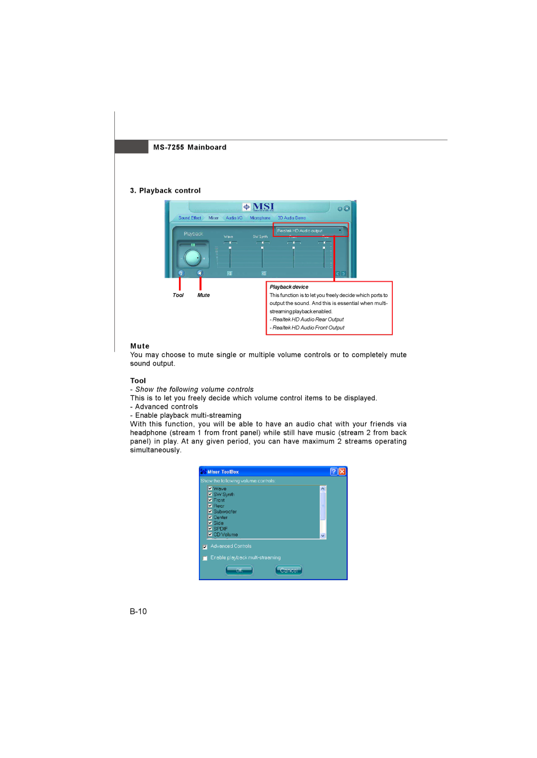 MSI manual MS-7255 Mainboard Playback control, Ute, Tool 