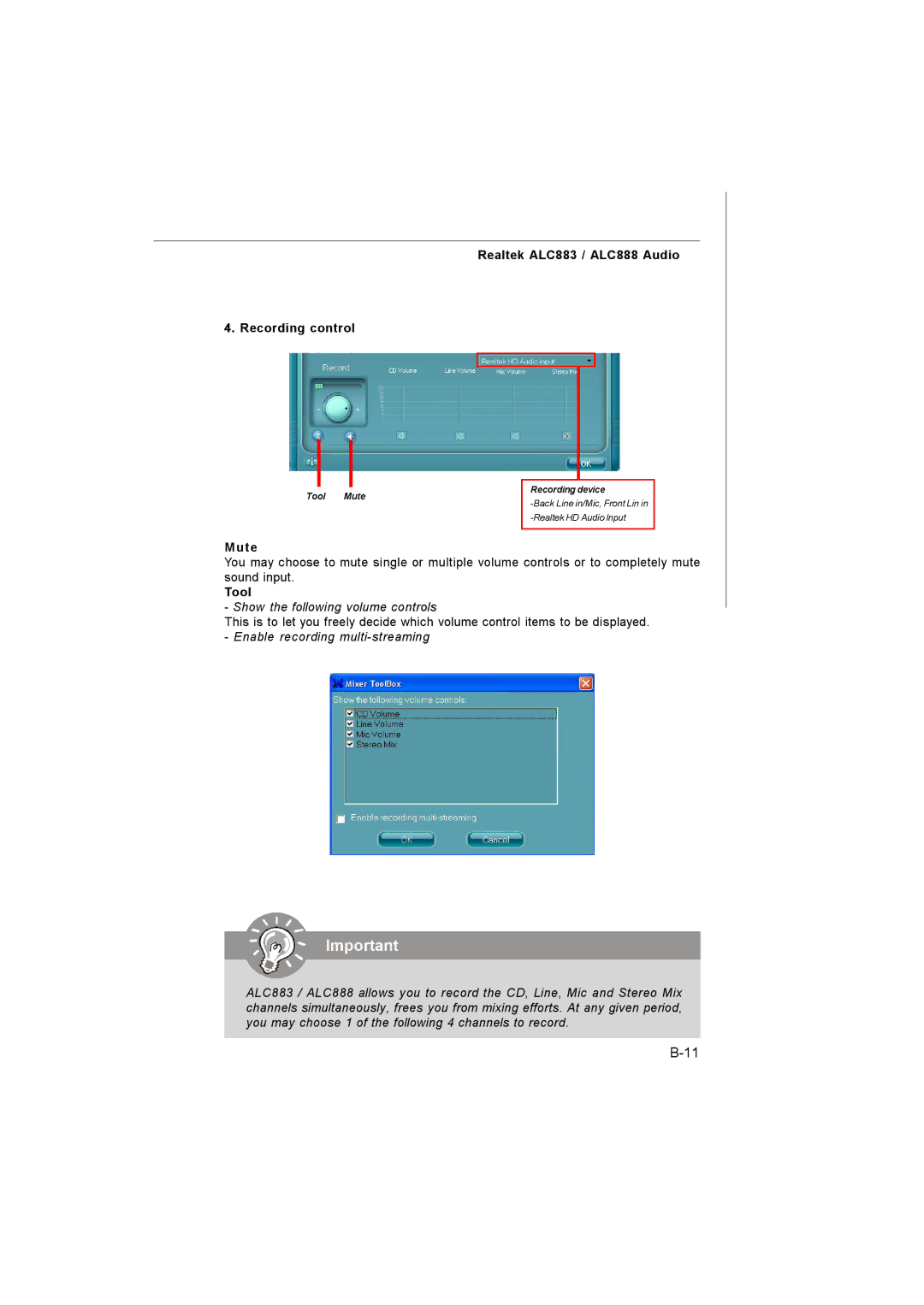 MSI MS-7255 manual Realtek ALC883 / ALC888 Audio Recording control 