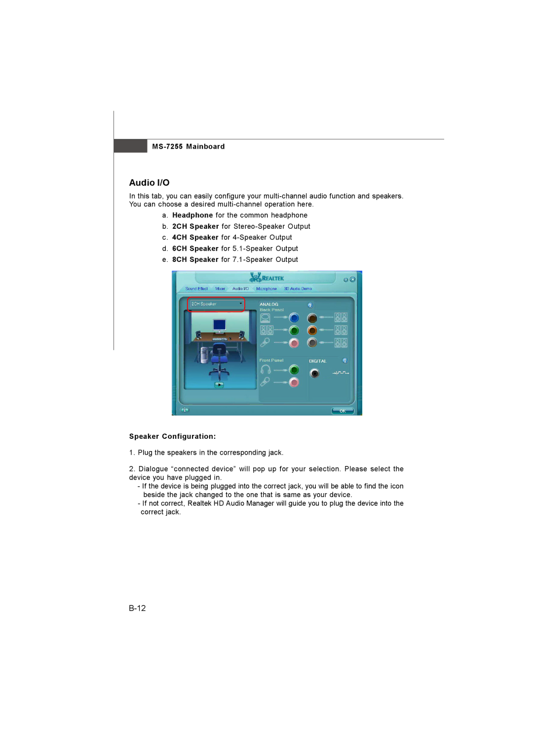 MSI MS-7255 manual Audio I/O, Speaker Configuration 