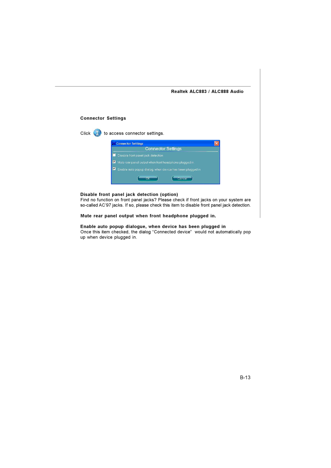 MSI MS-7255 manual Realtek ALC883 / ALC888 Audio Connector Settings, Disable front panel jack detection option 