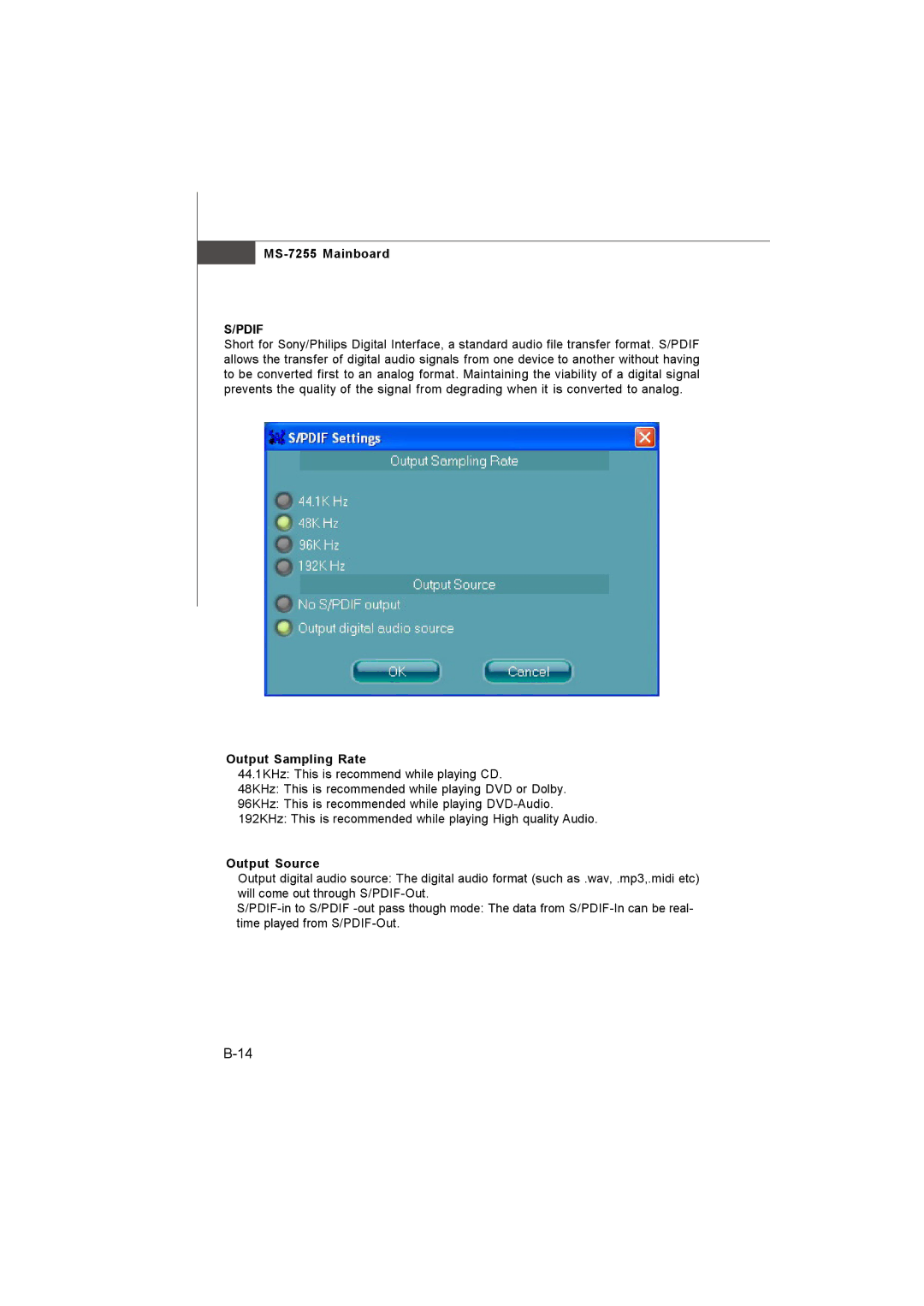 MSI MS-7255 manual Pdif, Output Sampling Rate, Output Source 