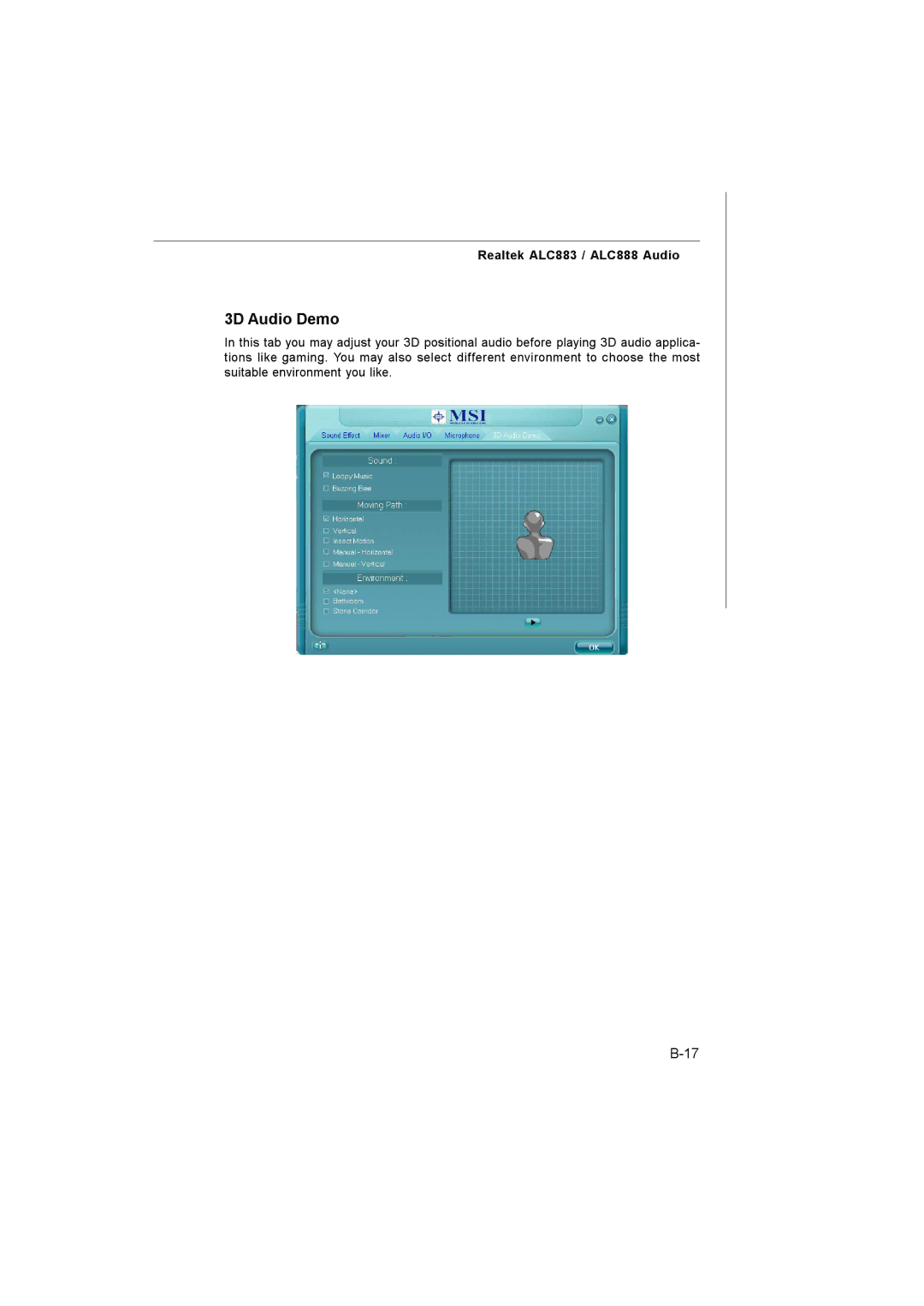 MSI MS-7255 manual 3D Audio Demo, Realtek ALC883 / ALC888 Audio 