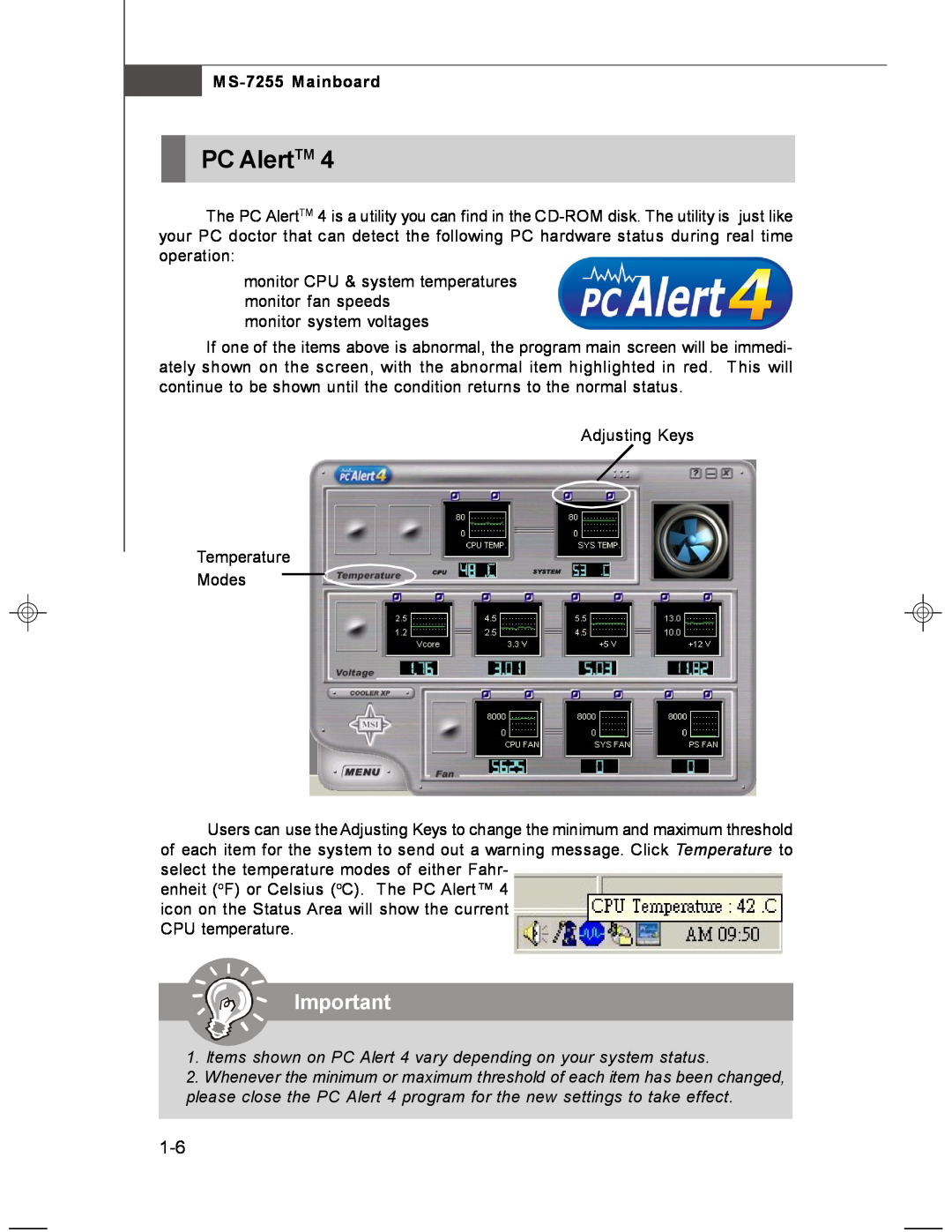 MSI manual PC AlertTM, Items shown on PC Alert 4 vary depending on your system status, MS-7255 Mainboard 