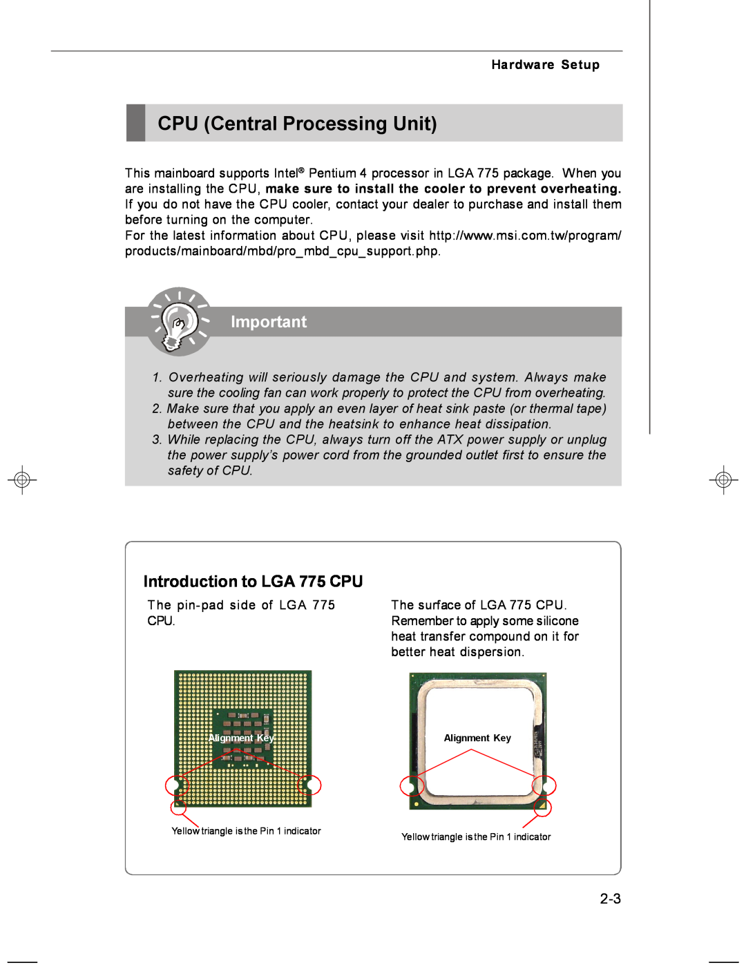 MSI MS-7255 manual CPU Central Processing Unit, Introduction to LGA 775 CPU, Hardware Setup 