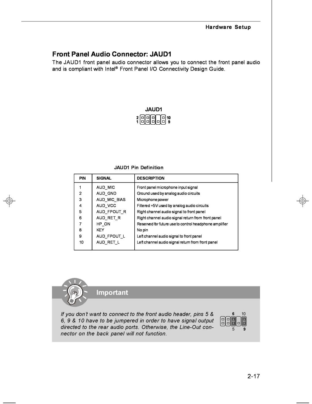 MSI MS-7255 manual Front Panel Audio Connector JAUD1, 2-17, Hardware Setup, JAUD1 Pin Definition, Signal, Description 