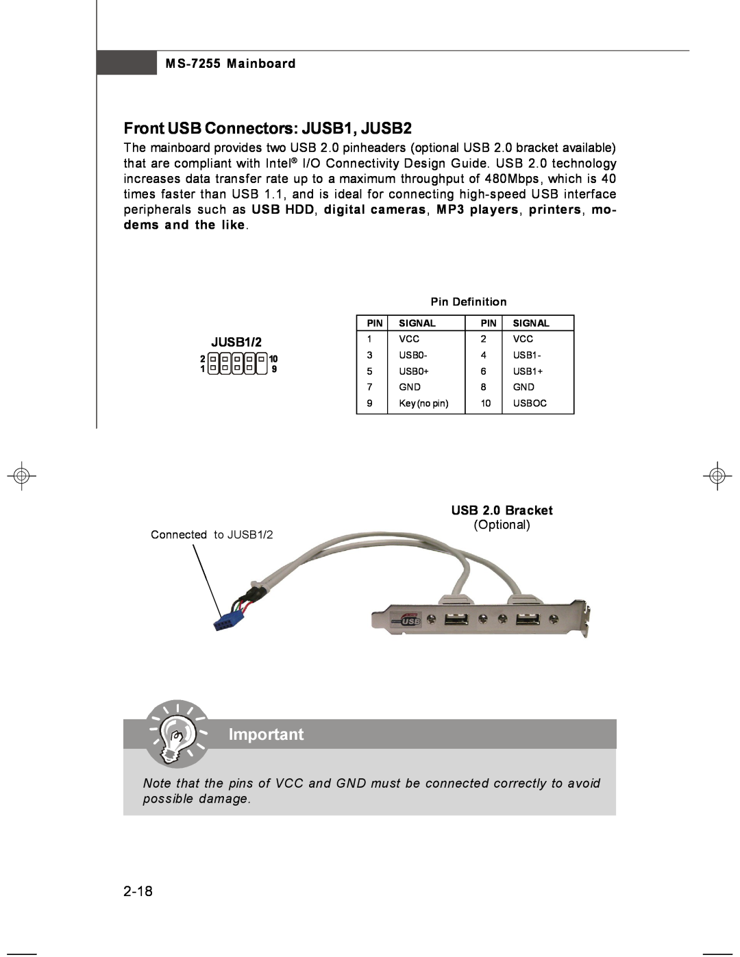 MSI manual Front USB Connectors JUSB1, JUSB2, 2-18, JUSB1/2, USB 2.0 Bracket, MS-7255 Mainboard 