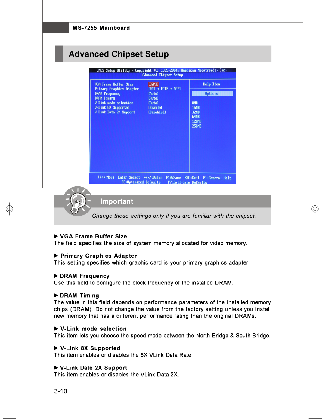 MSI MS-7255 Advanced Chipset Setup, 3-10, Change these settings only if you are familiar with the chipset, DRAM Frequency 