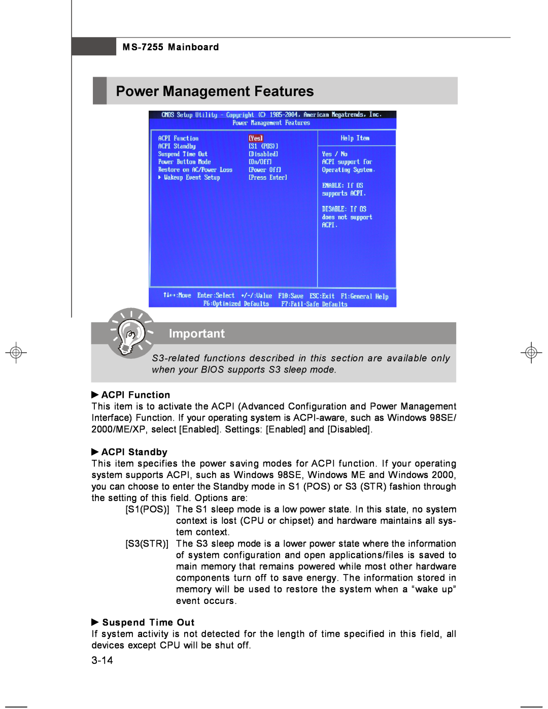 MSI manual Power Management Features, 3-14, ACPI Function, ACPI Standby, Suspend Time Out, MS-7255 Mainboard 
