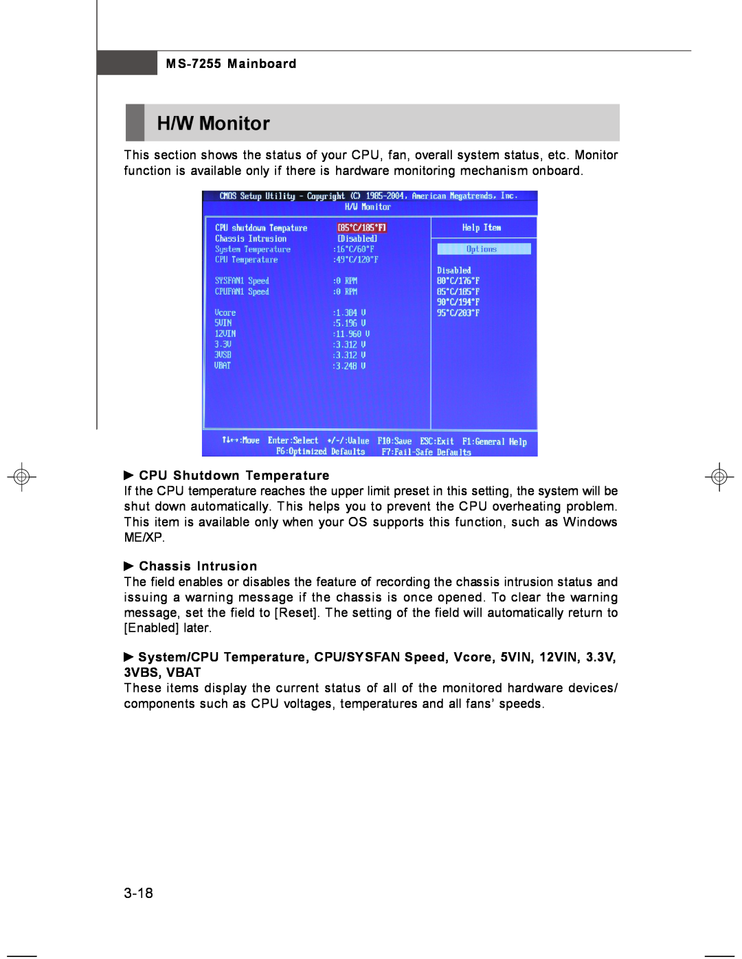 MSI manual H/W Monitor, 3-18, CPU Shutdown Temperature, Chassis Intrusion, MS-7255 Mainboard 