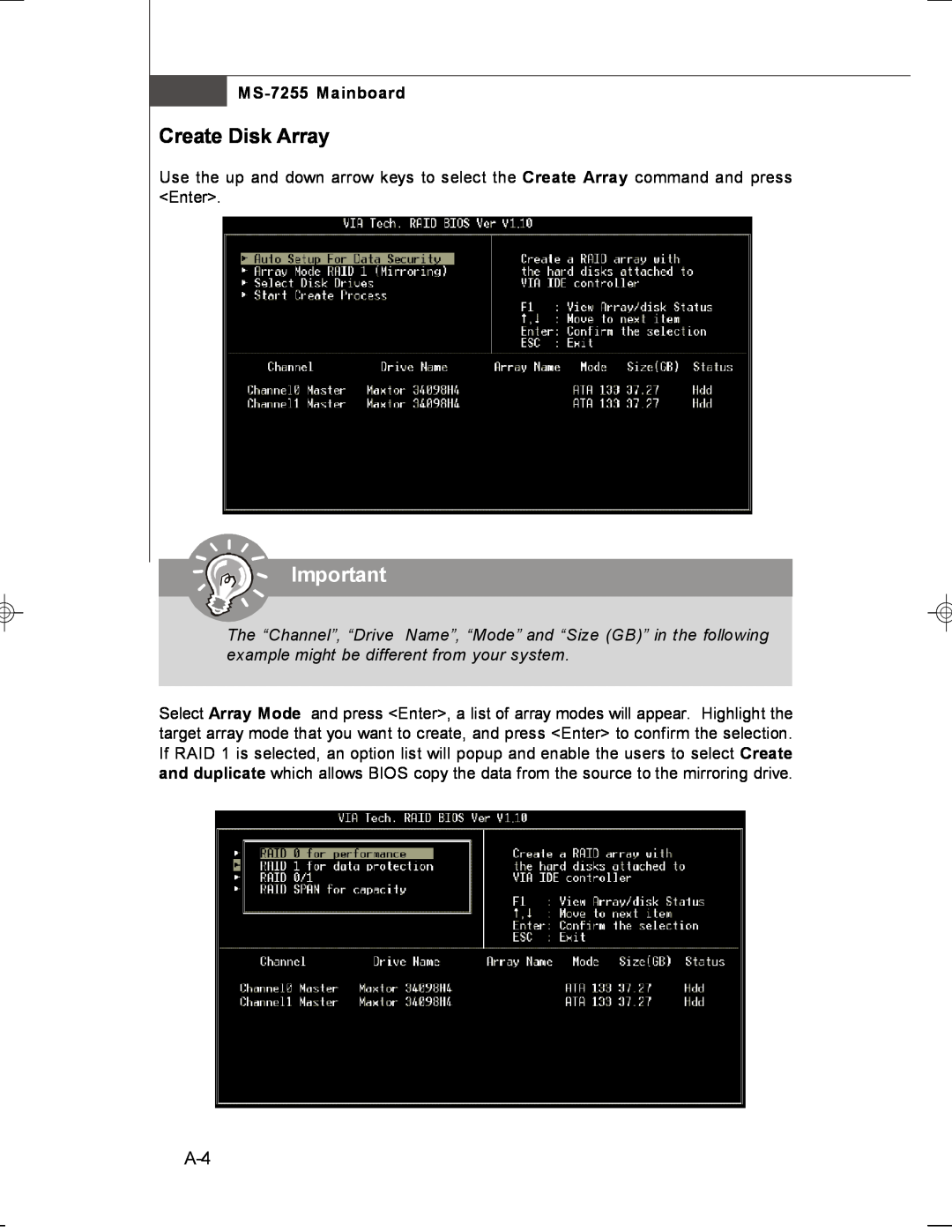 MSI manual Create Disk Array, MS-7255 Mainboard 