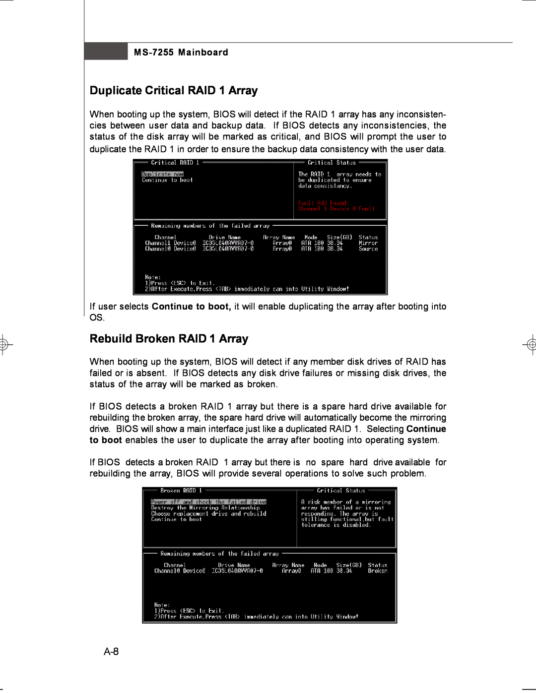 MSI manual Duplicate Critical RAID 1 Array, Rebuild Broken RAID 1 Array, MS-7255 Mainboard 