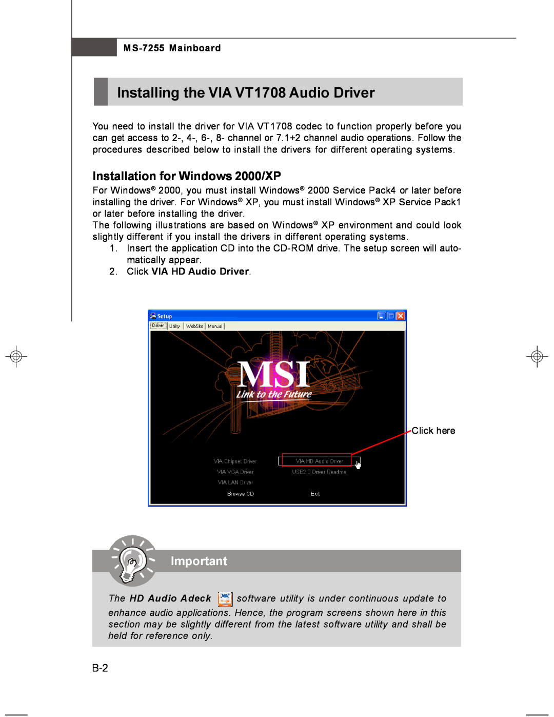 MSI MS-7255 manual Installing the VIA VT1708 Audio Driver, Installation for Windows 2000/XP, Click VIA HD Audio Driver 