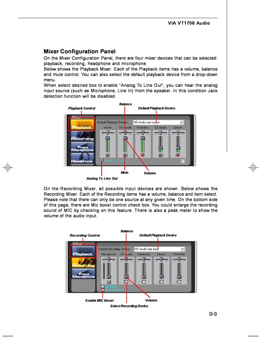 MSI MS-7255 manual Mixer Configuration Panel, VIA VT1708 Audio 