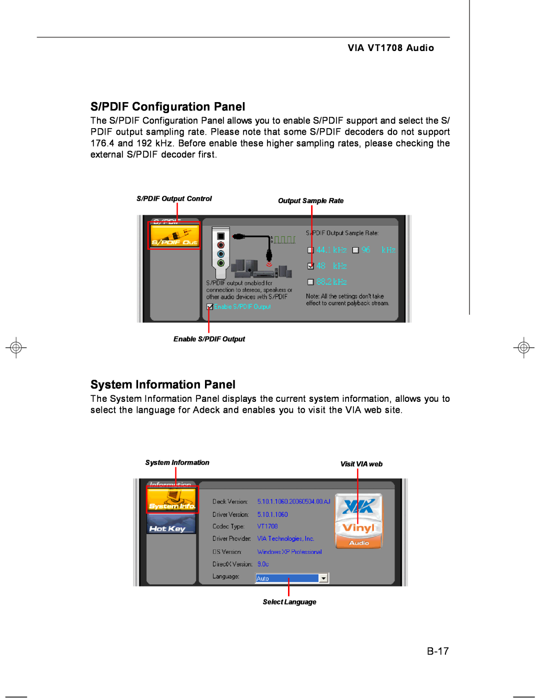 MSI MS-7255 manual S/PDIF Configuration Panel, System Information Panel, B-17, VIA VT1708 Audio 