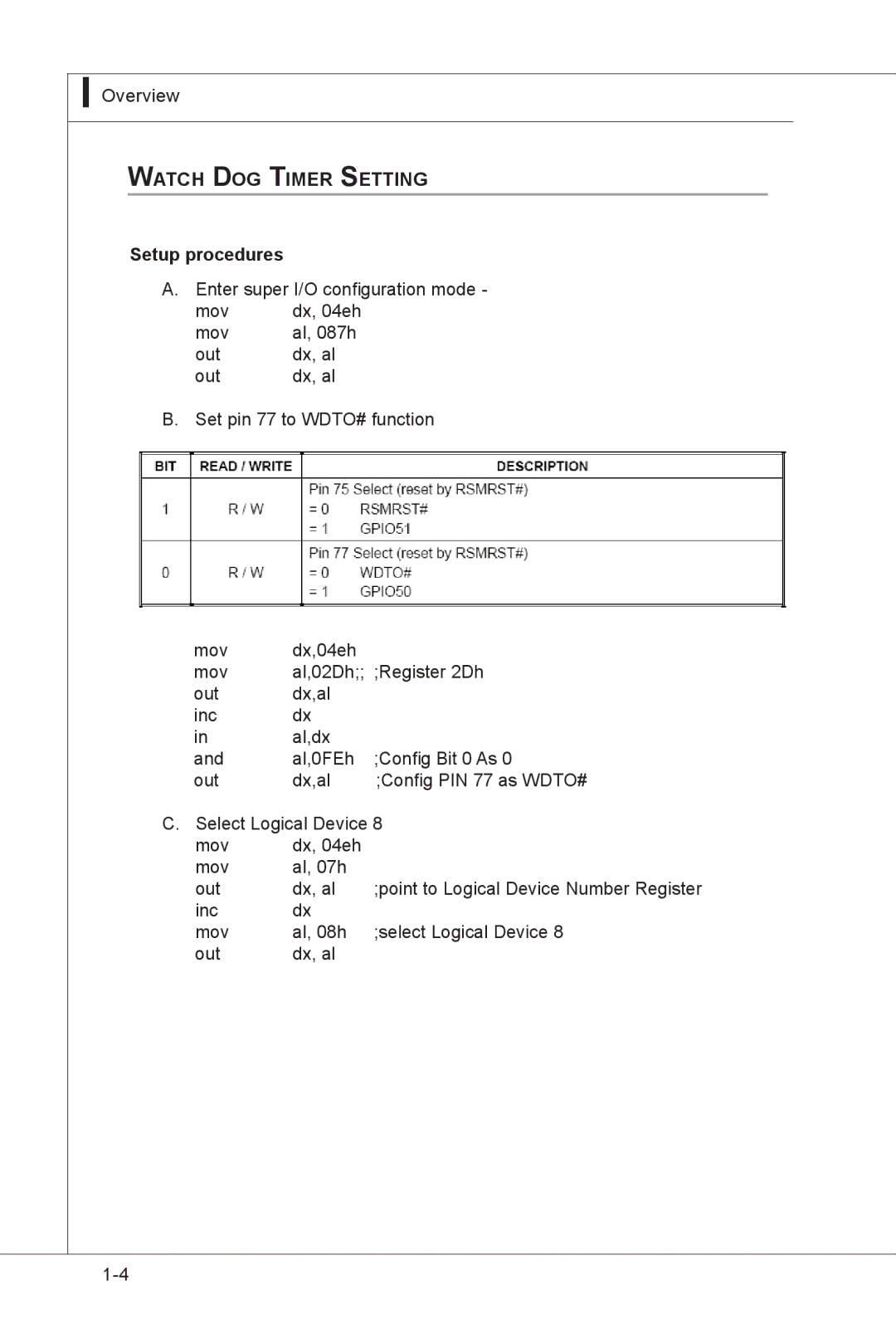 MSI MS-91E2 manual Watch Dog Timer Setting Setup procedures 