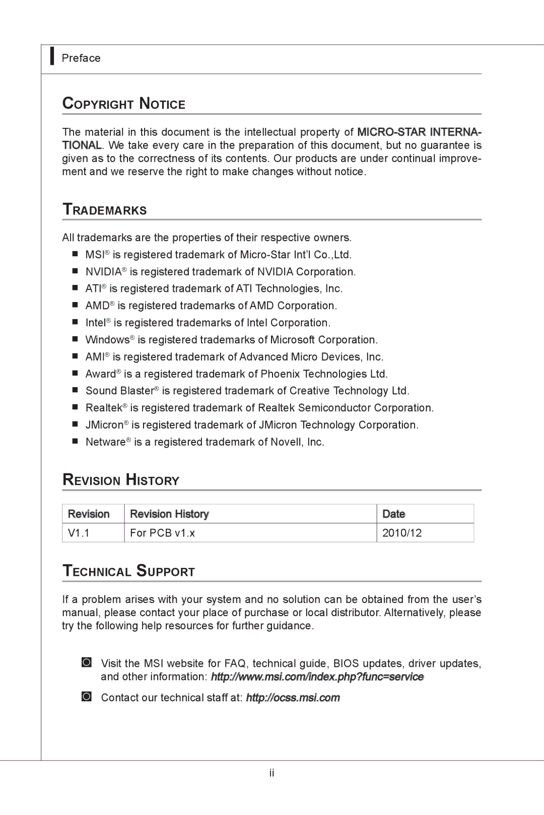 MSI MS-91E2 manual Copyright Notice, Trademarks, Revision History, Technical Support 