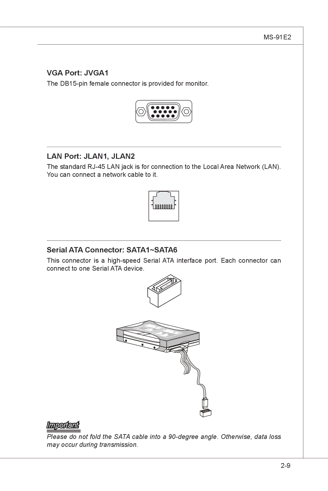 MSI MS-91E2 manual VGA Port JVGA1, LAN Port JLAN1, JLAN2, Serial ATA Connector SATA1~SATA6 