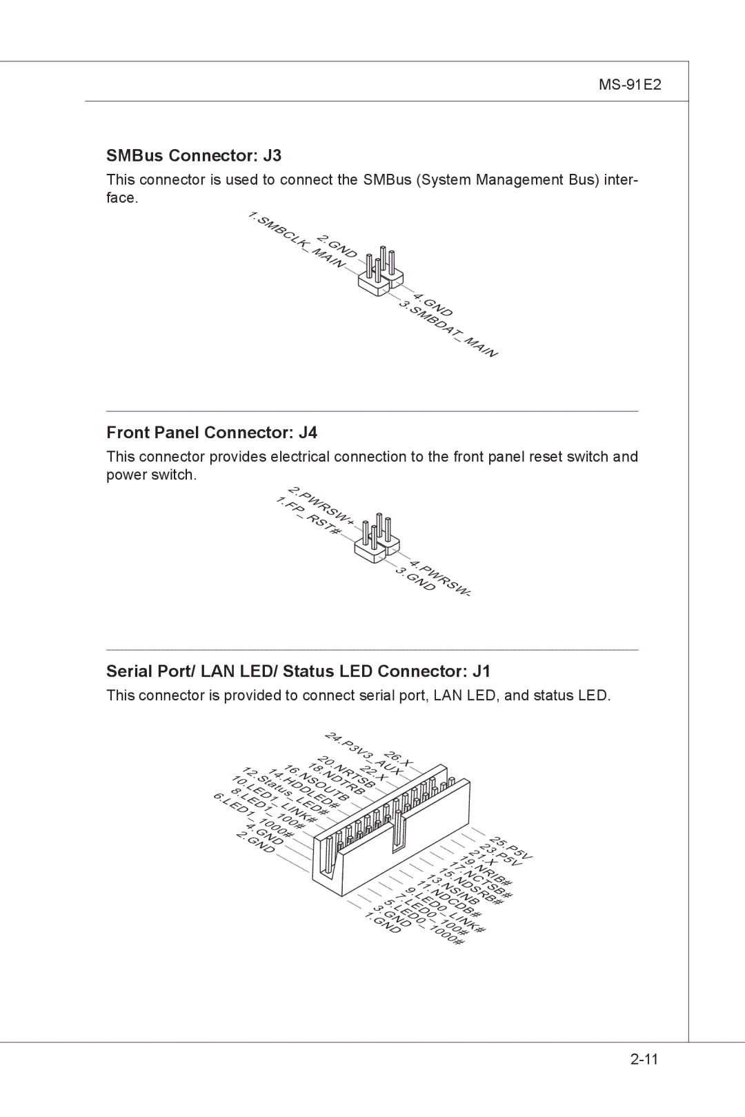 MSI MS-91E2 manual SMBus Connector J3, Front Panel Connector J4, Serial Port/ LAN LED/ Status LED Connector J1 