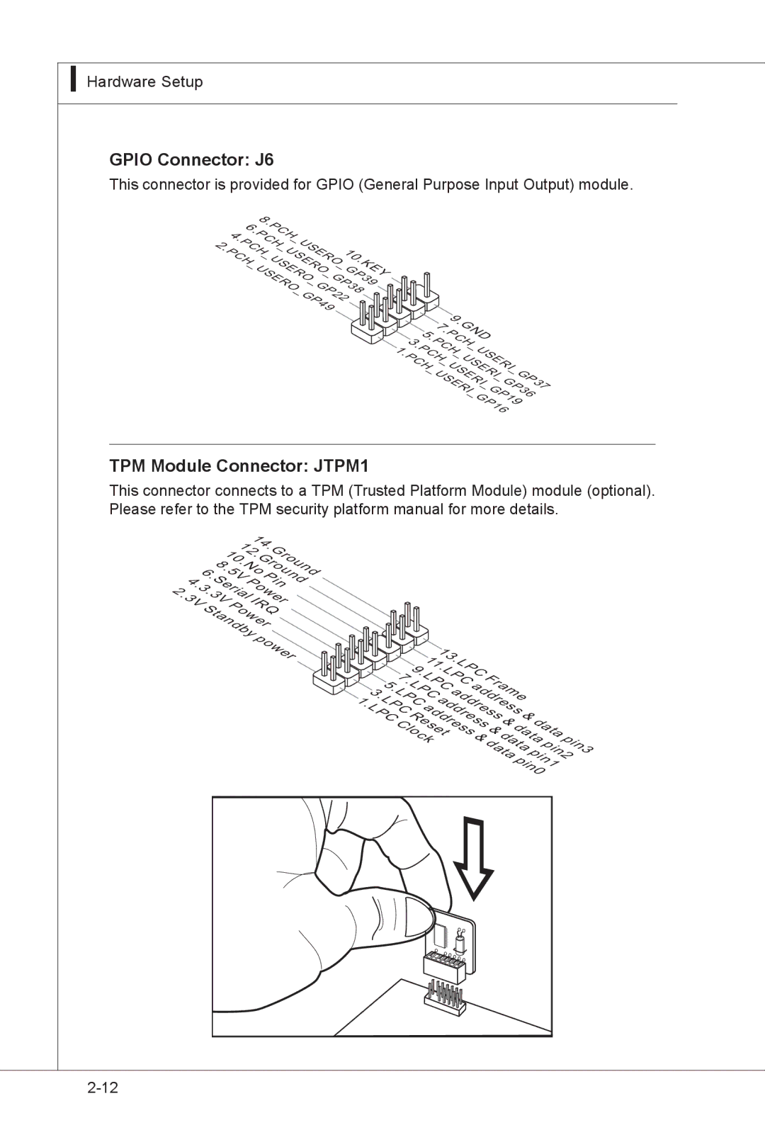 MSI MS-91E2 manual Gpio Connector J6, TPM Module Connector JTPM1 