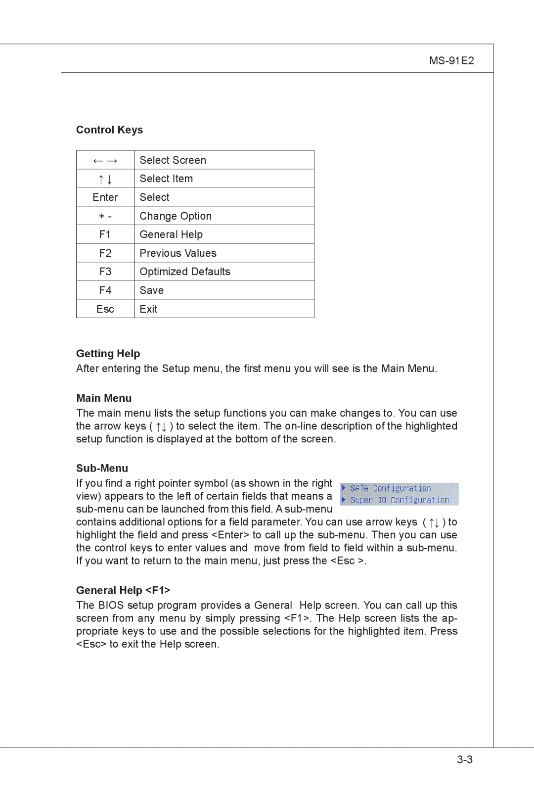 MSI MS-91E2 manual Control Keys, Getting Help, Main Menu, Sub-Menu, General Help F1 