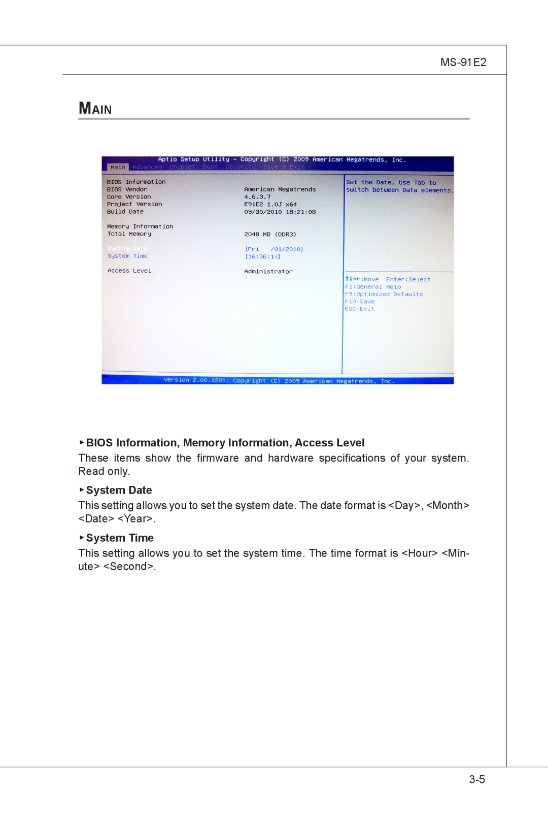 MSI MS-91E2 manual Main Bios Information, Memory Information, Access Level, System Date, System Time 