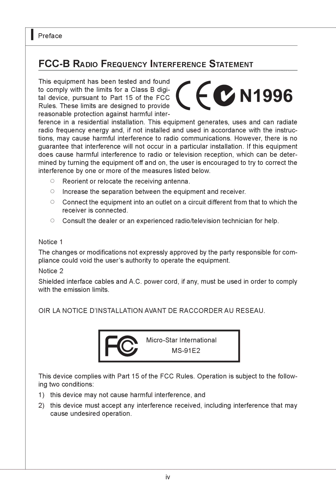 MSI MS-91E2 manual FCC-B Radio Frequency Interference Statement, OIR LA Notice D’INSTALLATION Avant DE Raccorder AU Reseau 