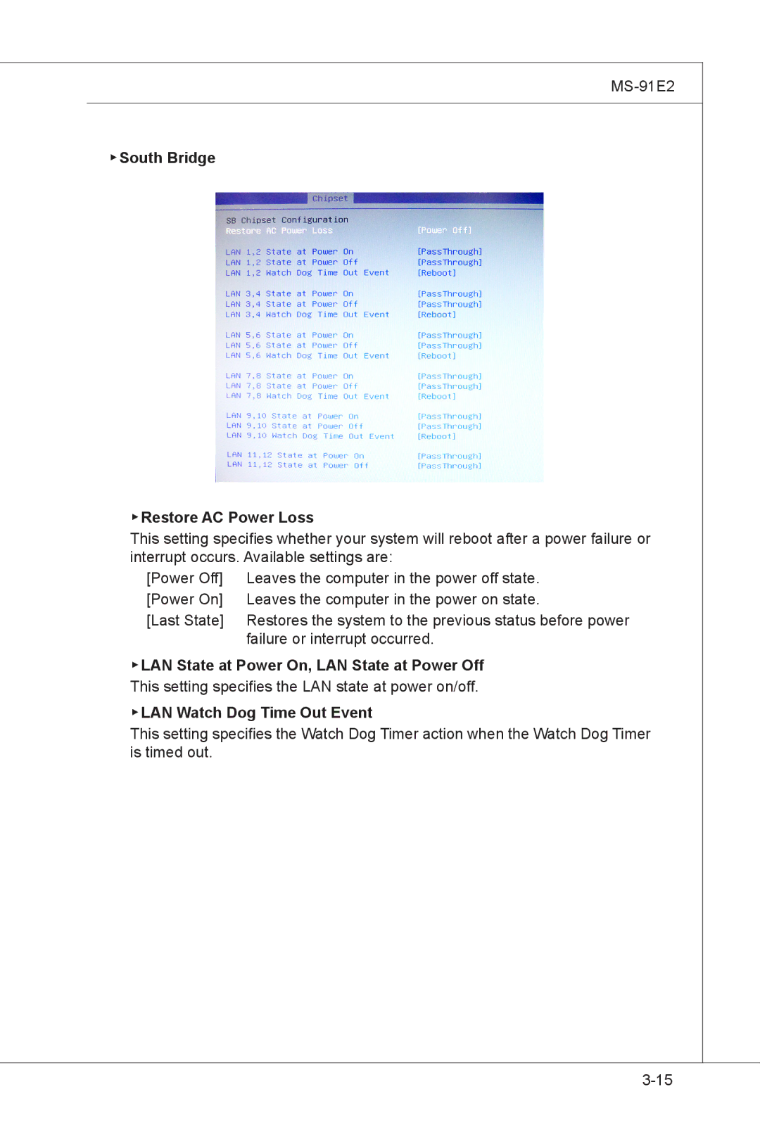 MSI MS-91E2 manual South Bridge Restore AC Power Loss, LAN State at Power On, LAN State at Power Off 