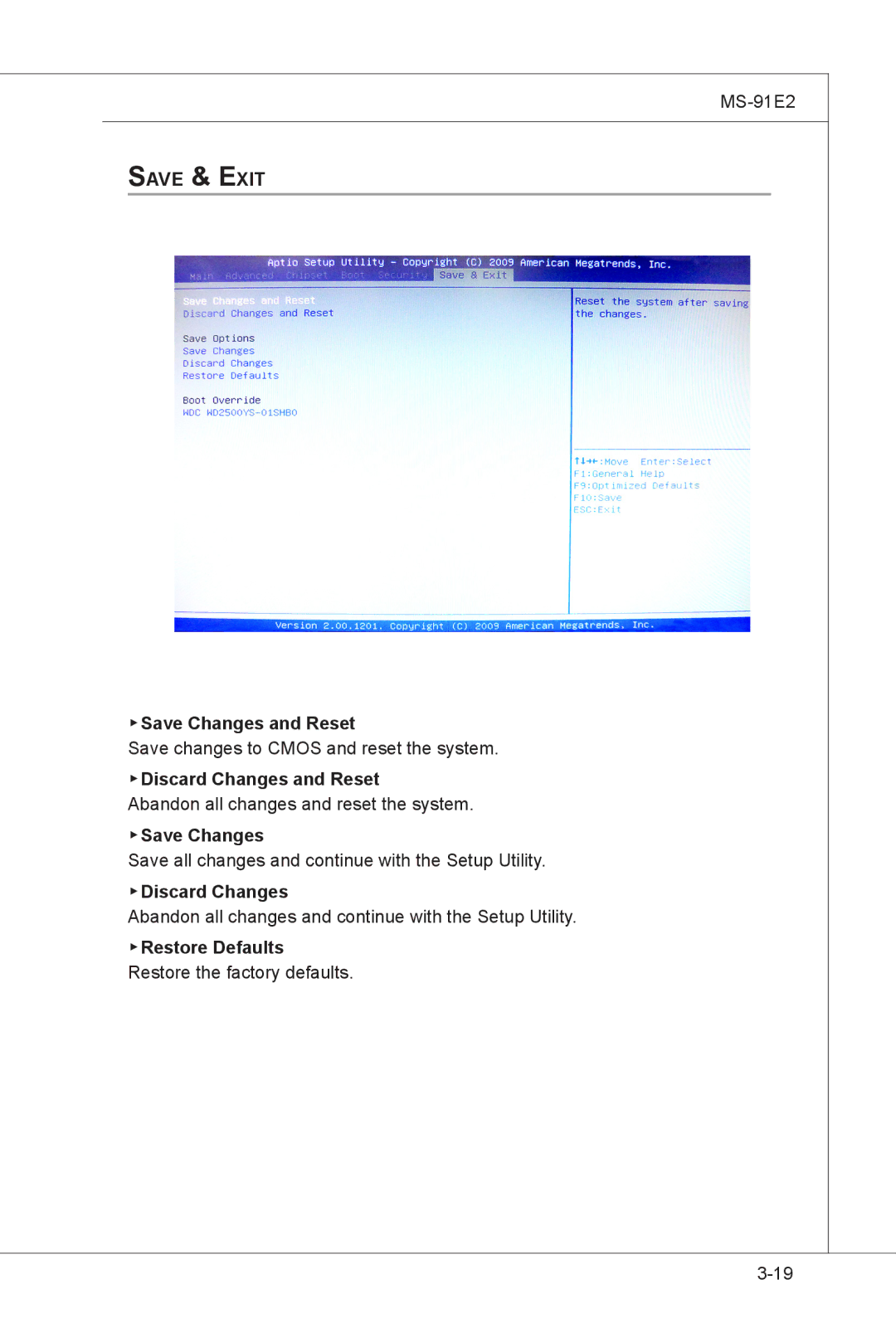 MSI MS-91E2 manual Save & Exit Save Changes and Reset, Discard Changes and Reset 