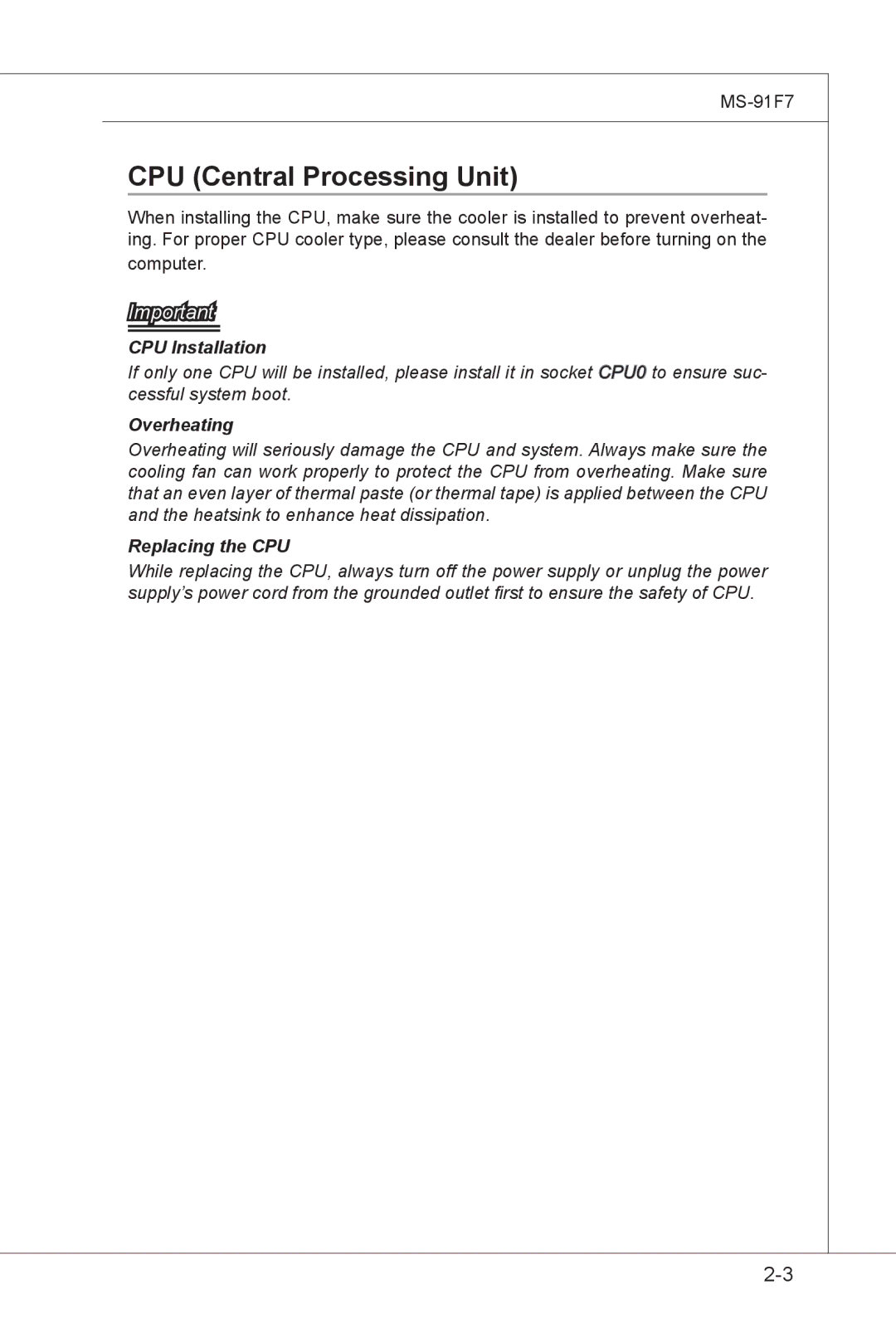 MSI MS-91F7 manual CPU Central Processing Unit, CPU Installation 