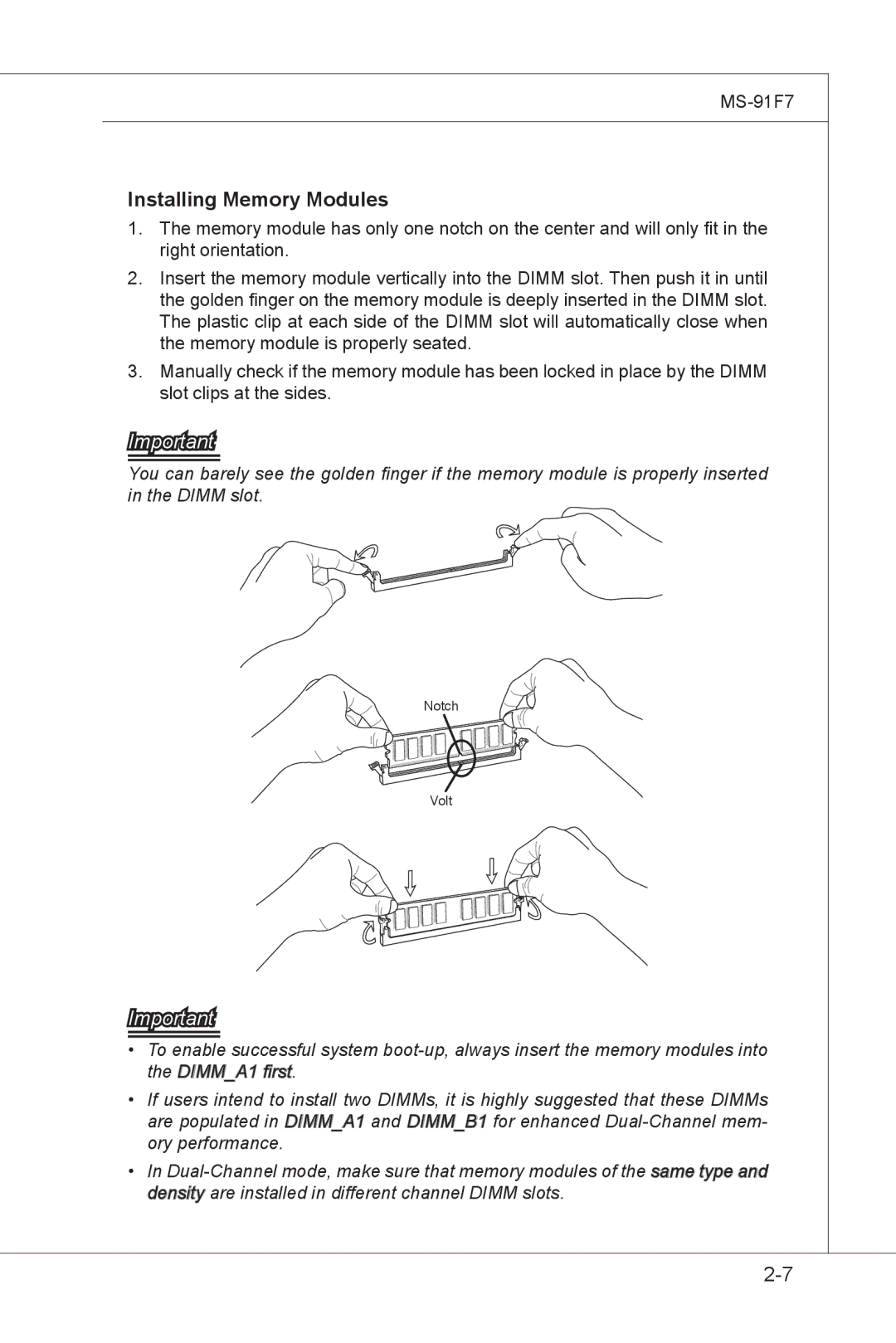 MSI MS-91F7 manual Installing Memory Modules 